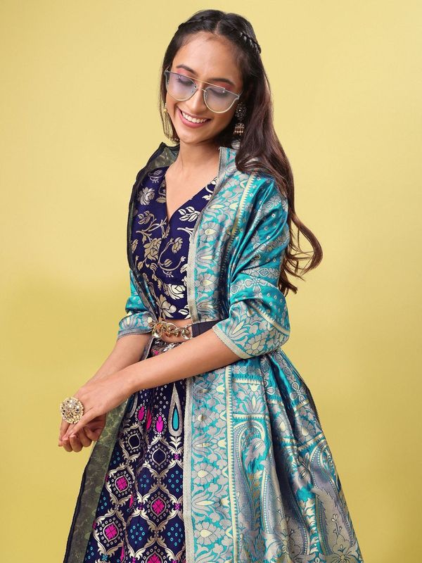 Women Blue Jacquard Lehenga