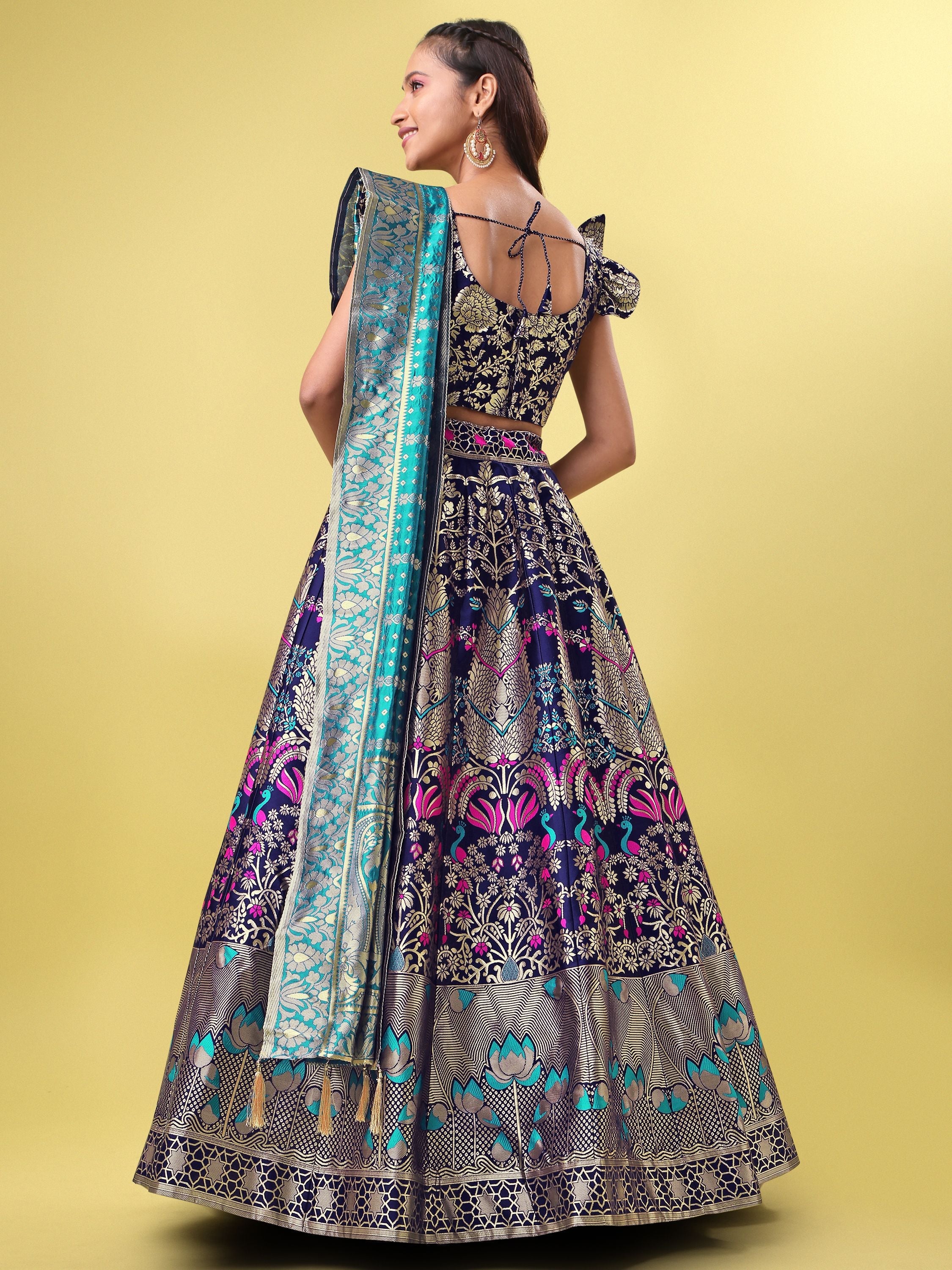 Women Blue Jacquard Lehenga