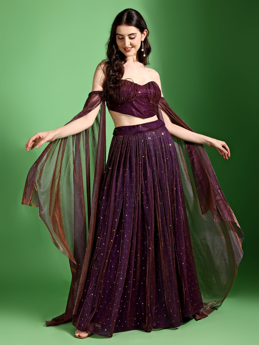 Sequences Wine Lehenga Choli With Lycra Dupatta.