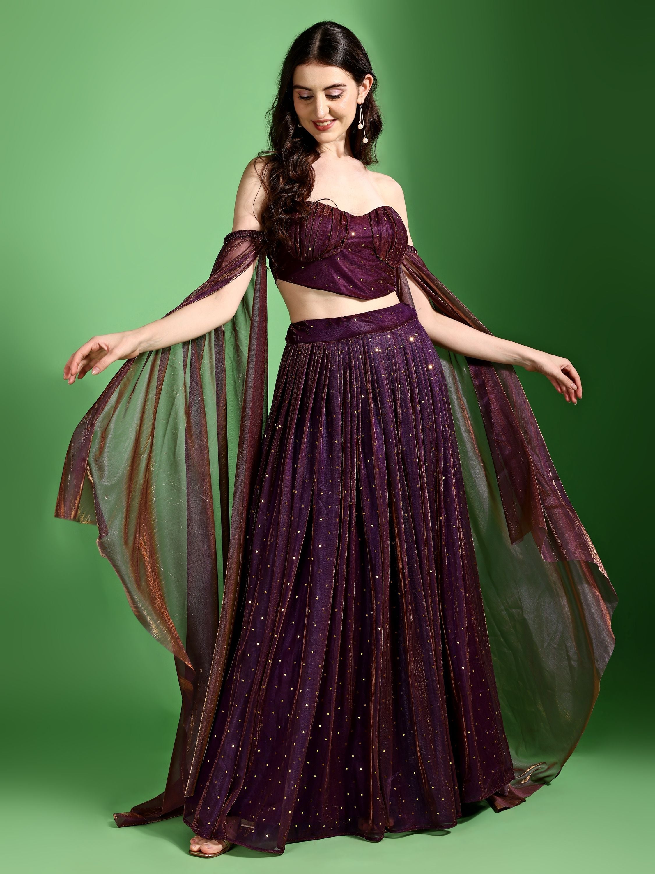 Sequences Wine Lehenga Choli With Lycra Dupatta.