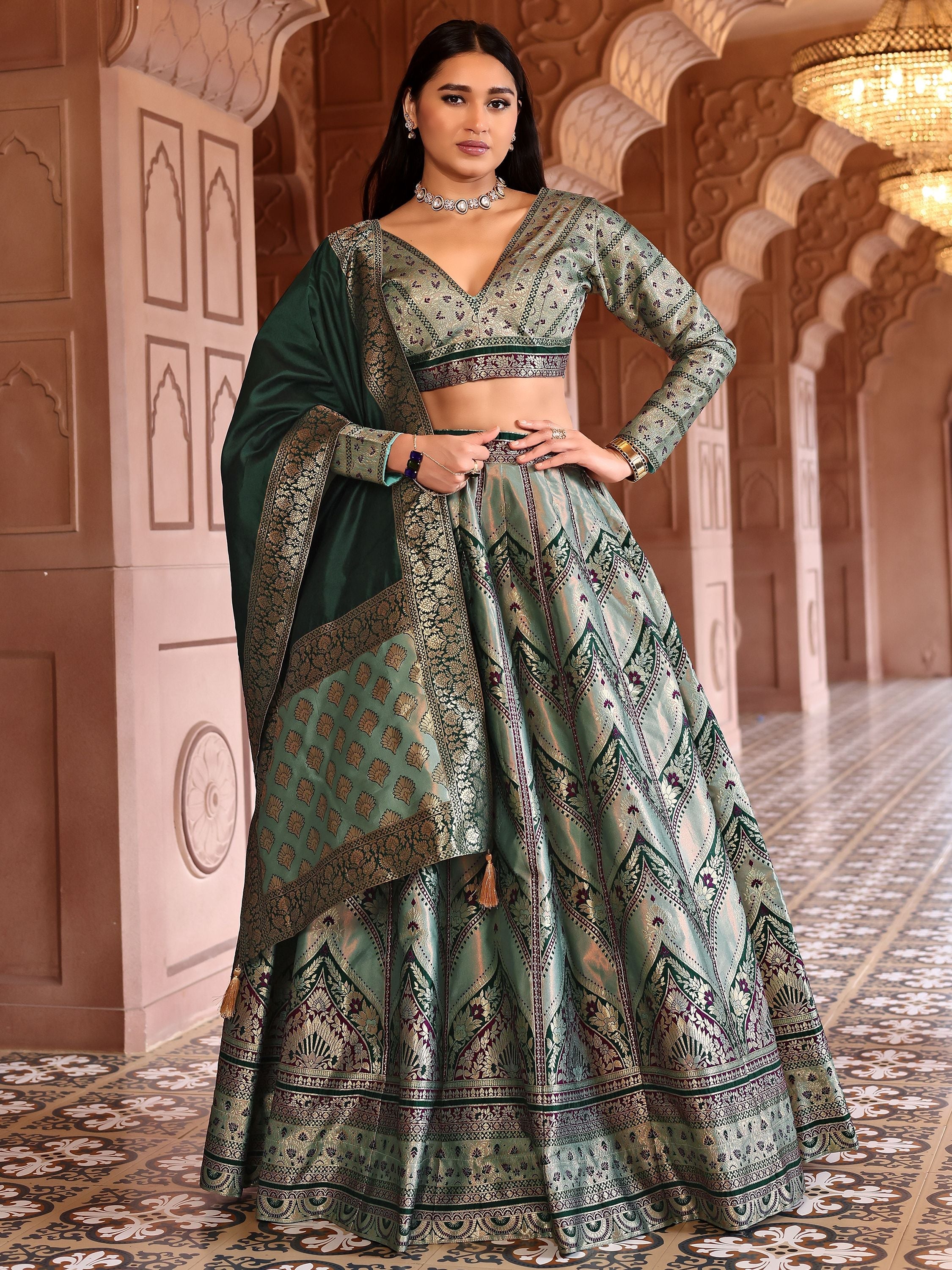 Double-Shaded Green Lehenga Choli With Zari Woven Motifs