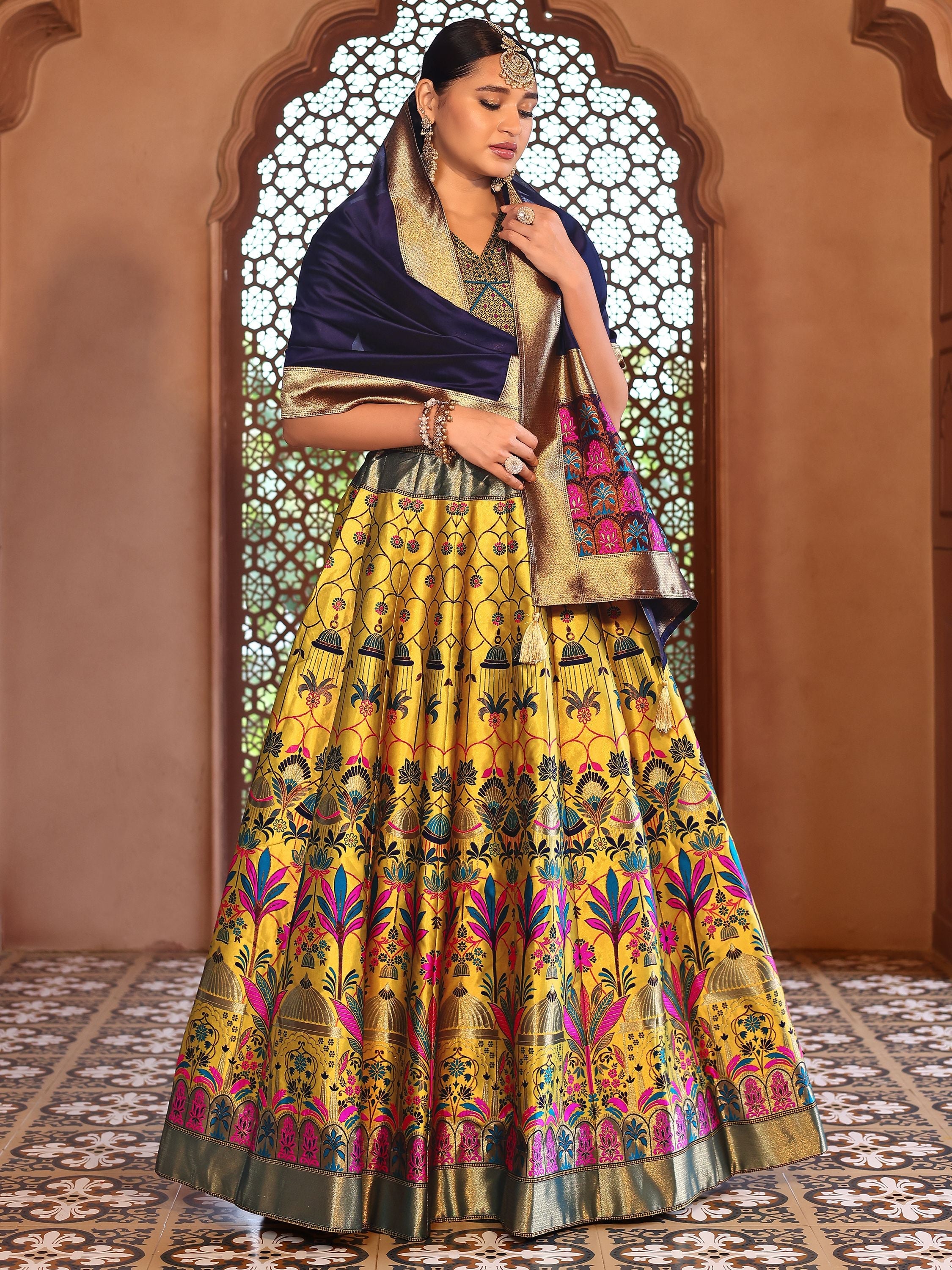 Woven With Zari Timeless Motifs Yellow Lehenga Choli