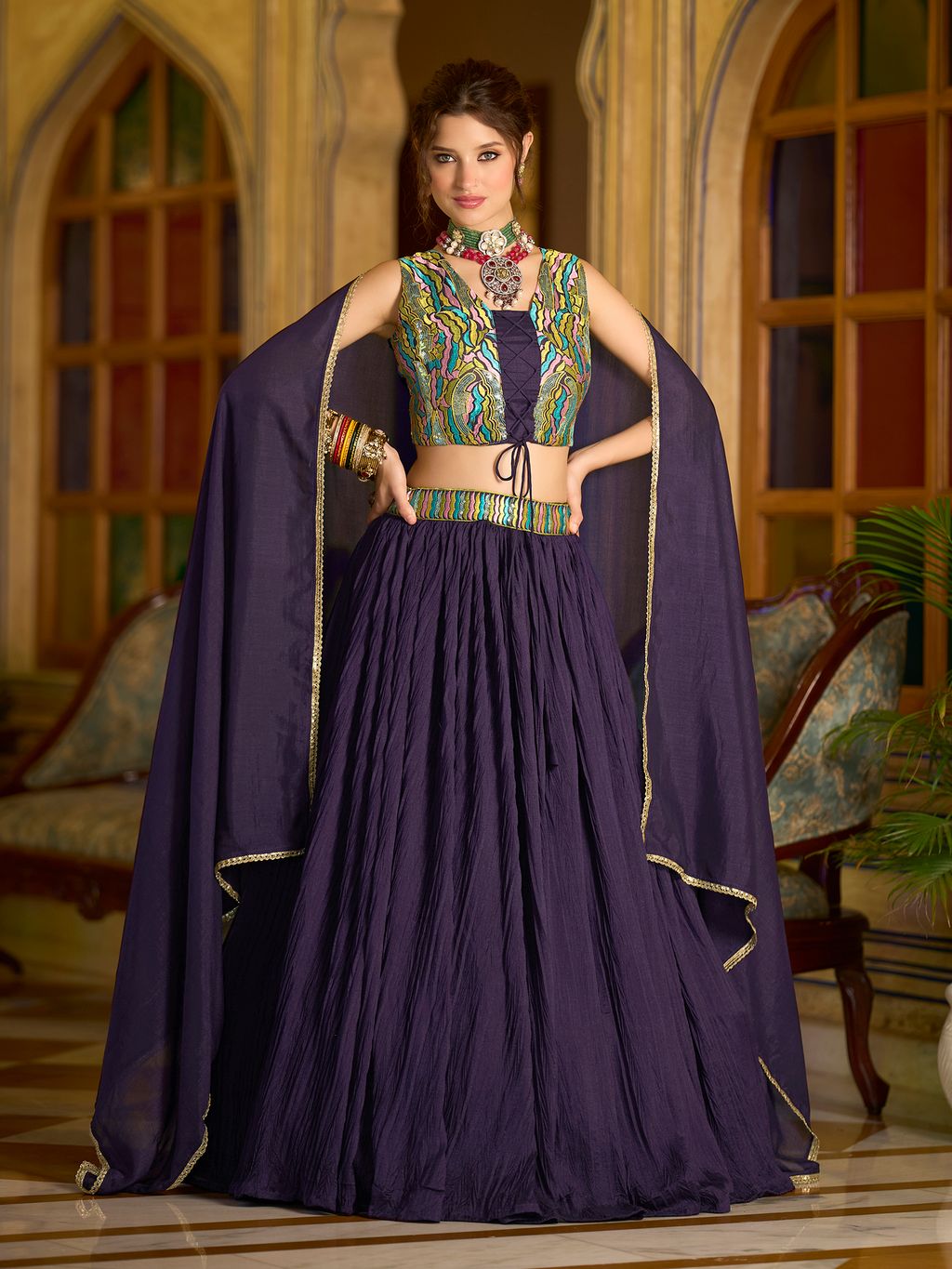 Women Wine Silk Crape Lehengas