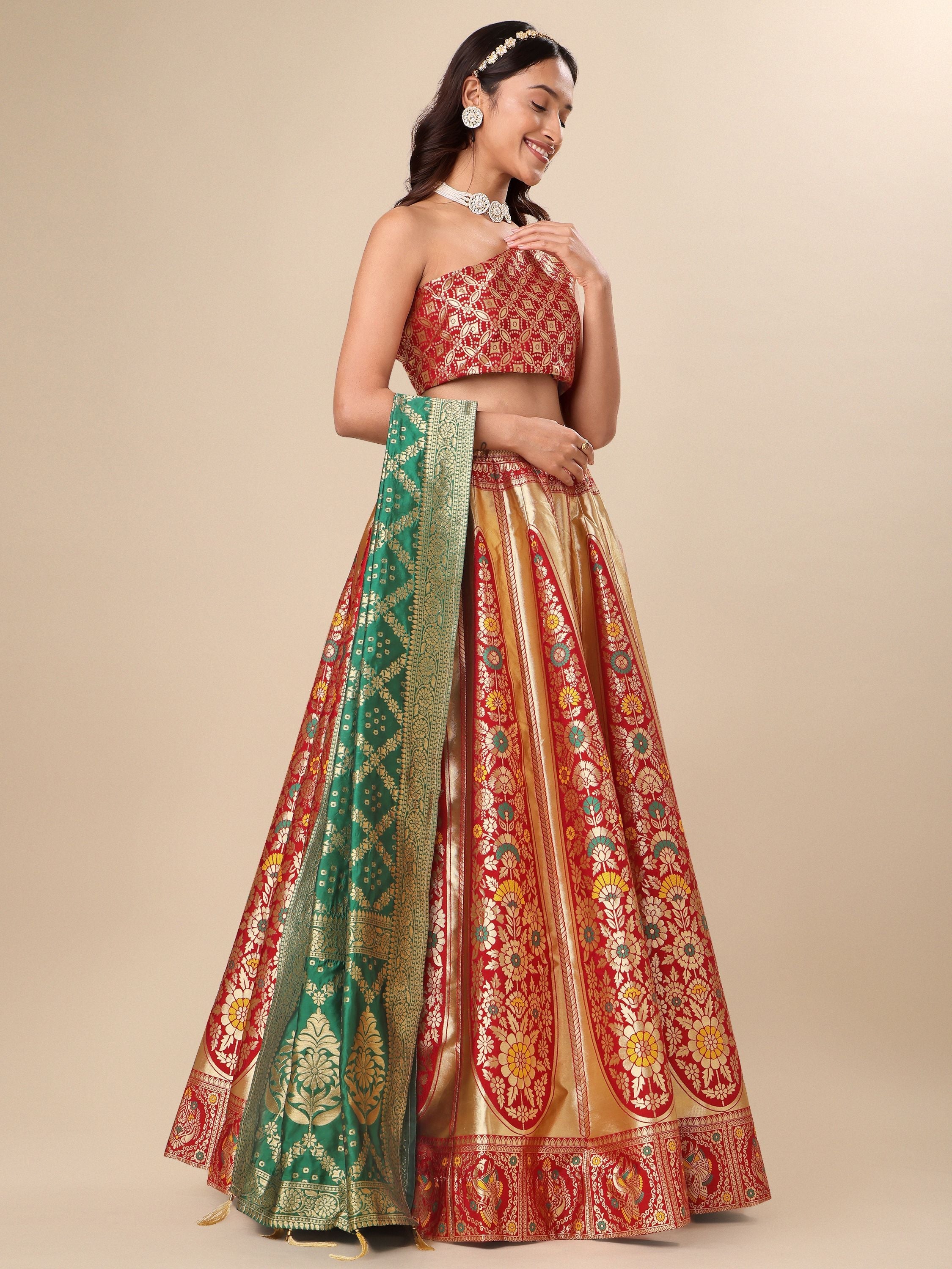 Women Red Floral Print Lehenga
