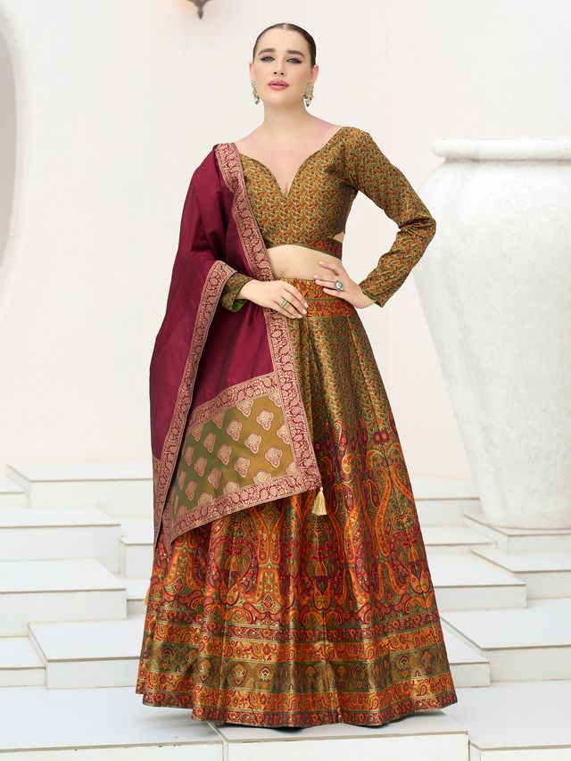 Women's Olive Kanjiwaram Lehengas