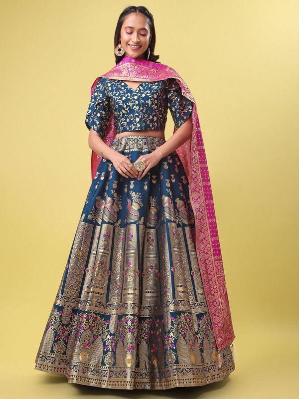 Decorated With Beautiful Flower Motif Rama Lehenga Choli