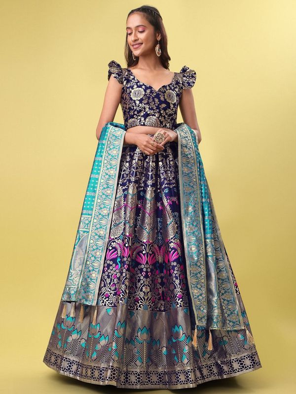 Women Blue Jacquard Lehenga