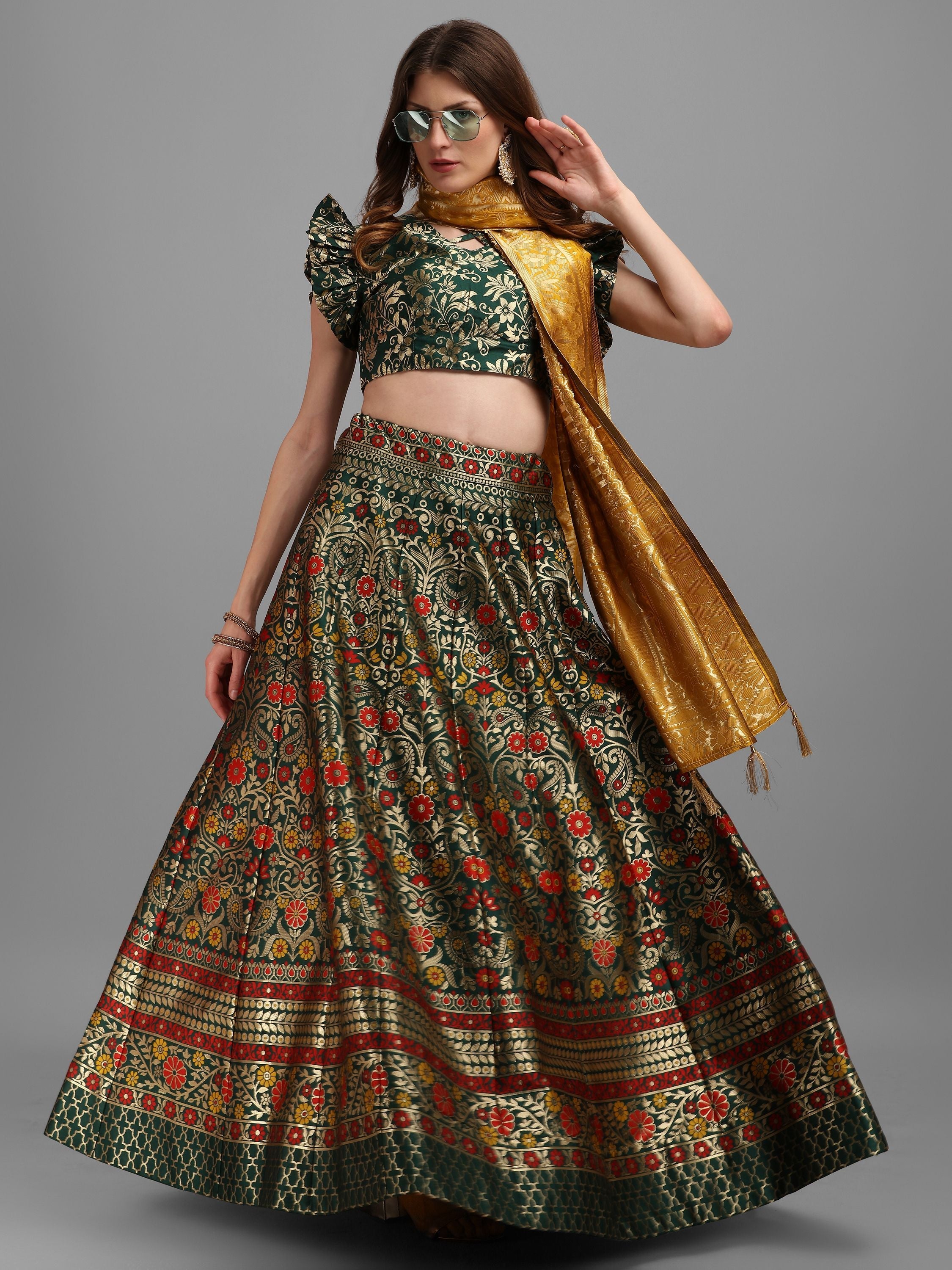 Women Green Self Design Lehenga