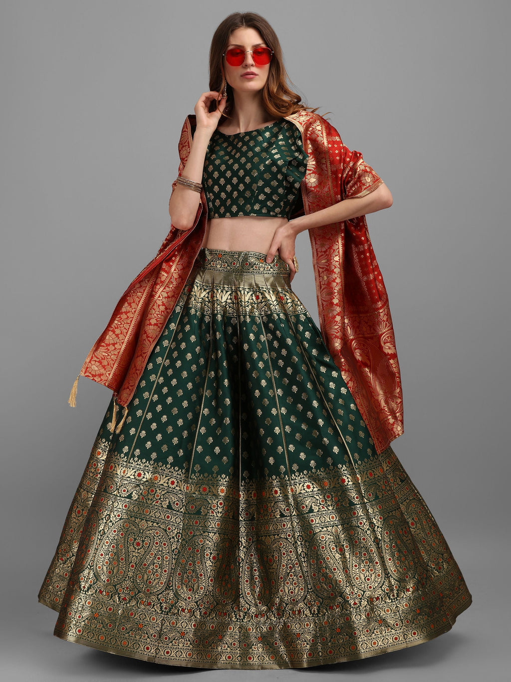 Women Green Self Design Print Lehenga