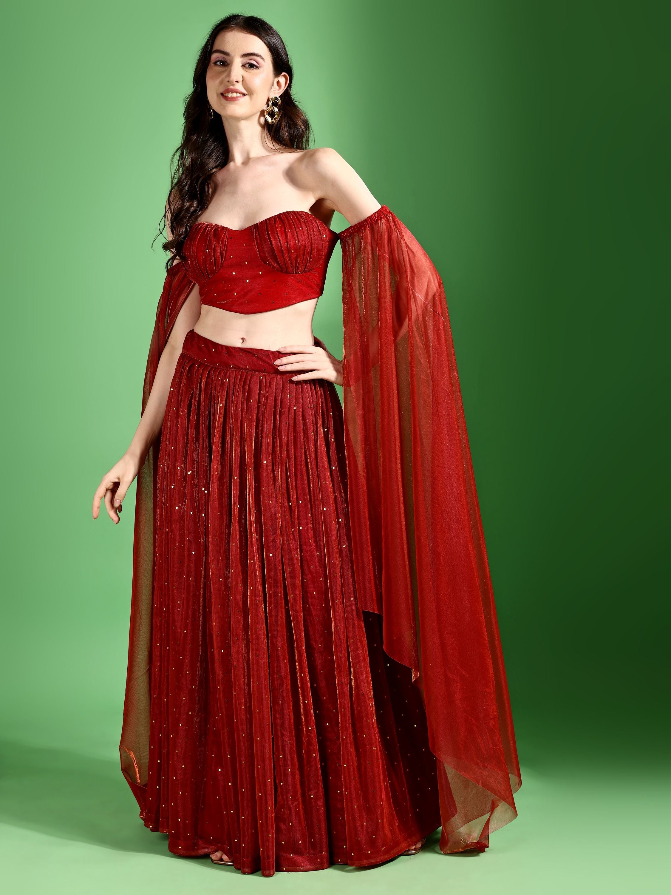 Sequences Red Lehenga Choli With Lycra Dupatta.