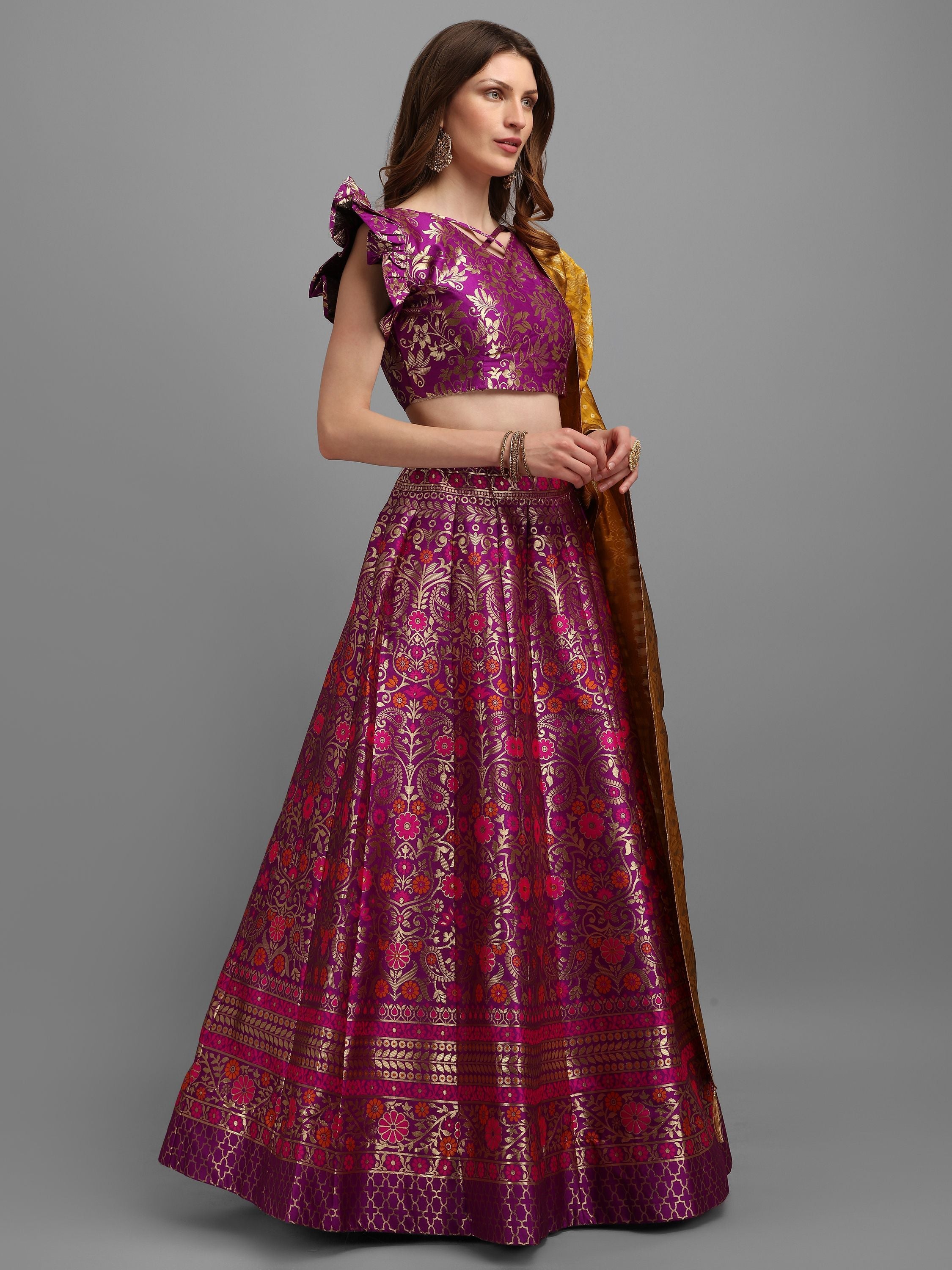 Women Purple Self Design Lehenga