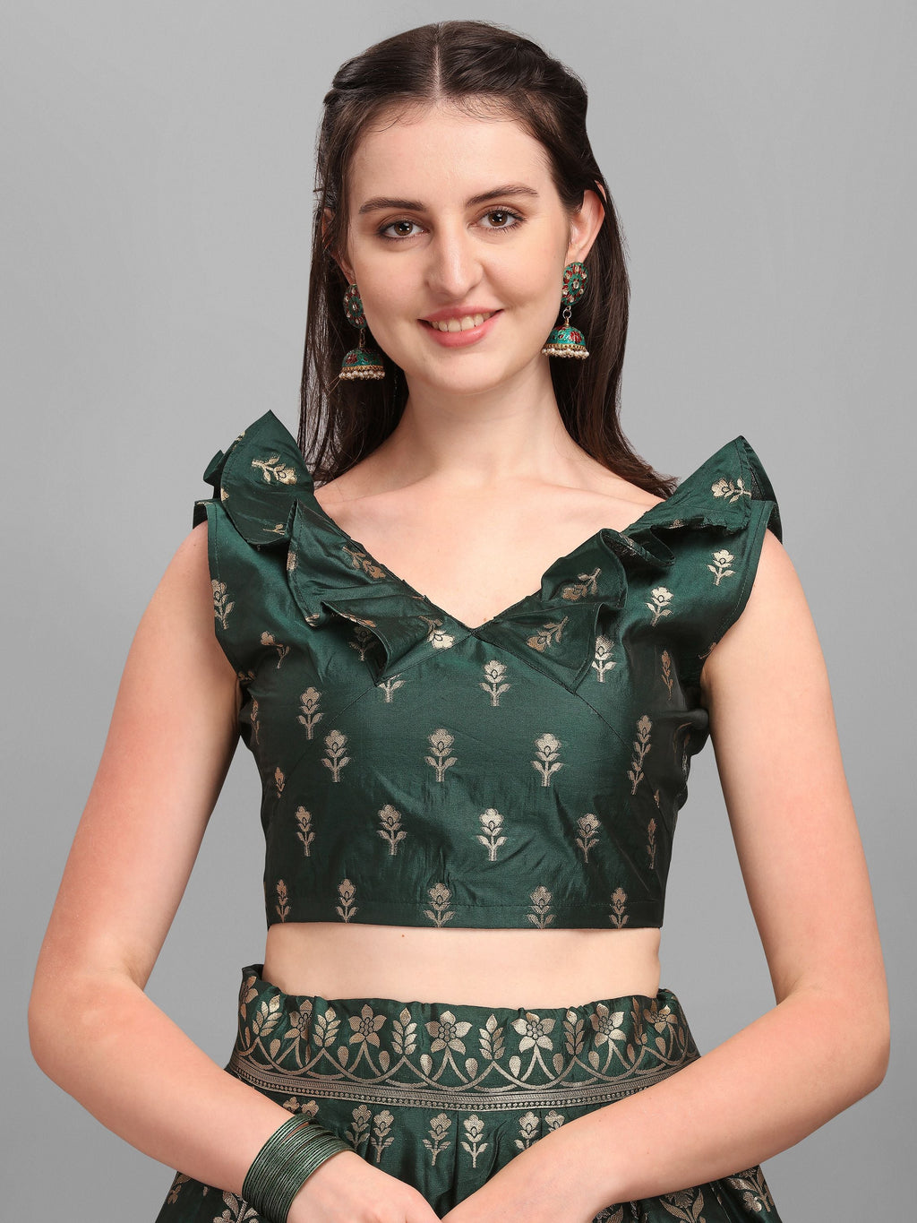 Women Dark Green Printed Lehenga