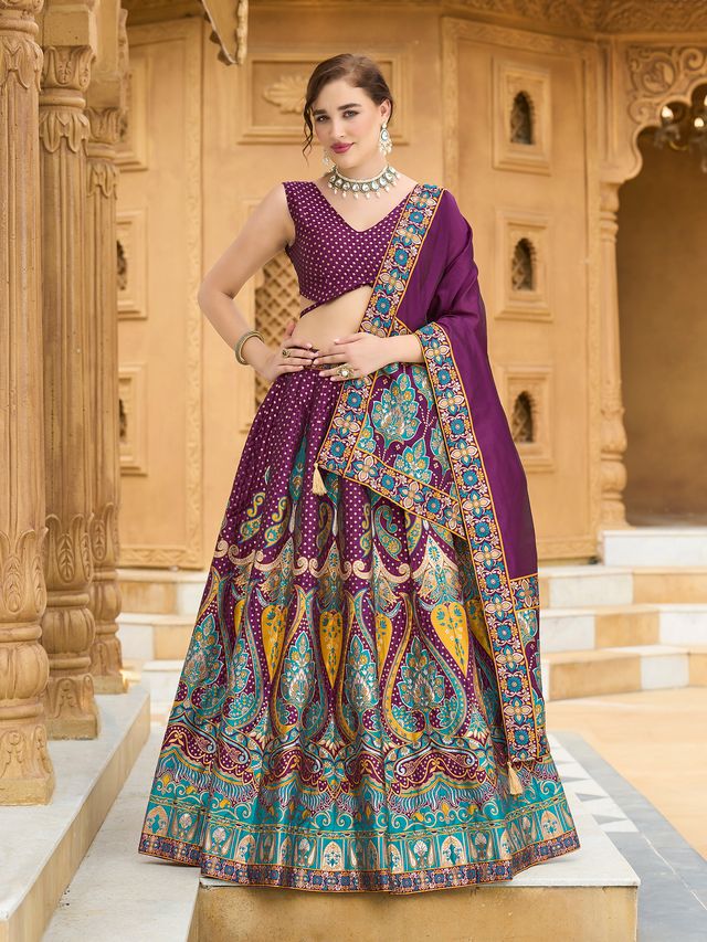 Women's Wine Jacquard Crape Lehengas