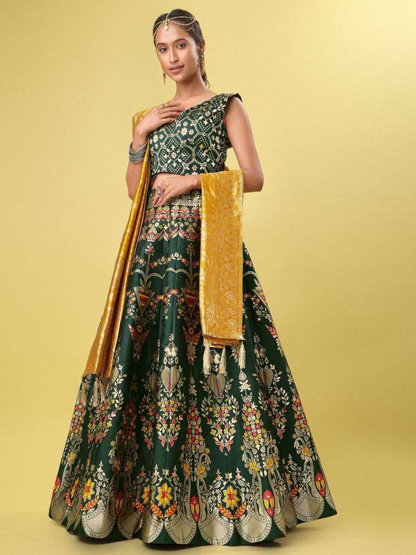 Women Dark Green Floral Print Lehenga