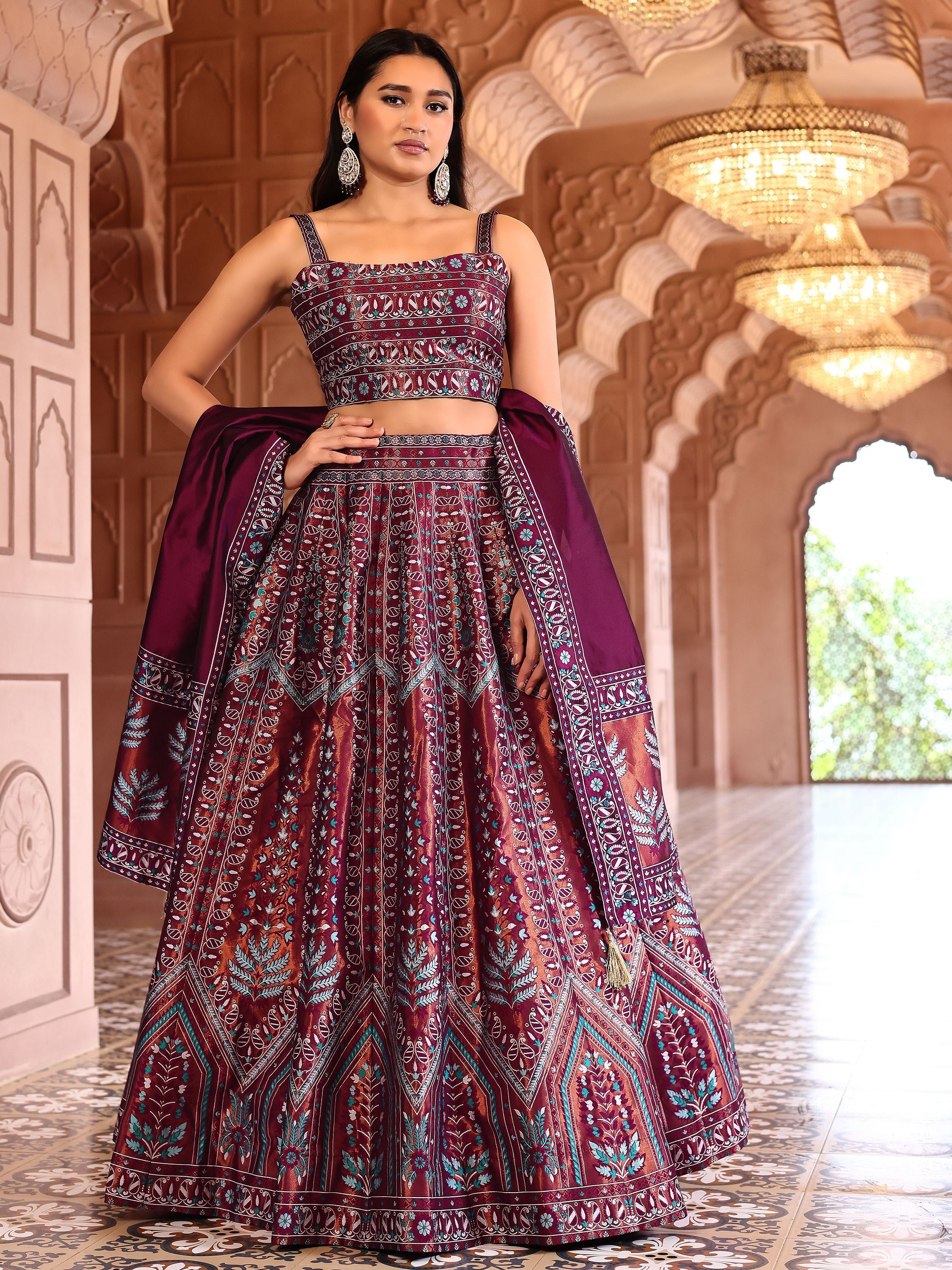 Kanjivaram Lehenga Choli Maroon Woven Motifs