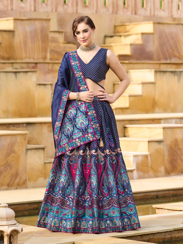 Women's Navy-Blue Jacquard Crape Lehengas