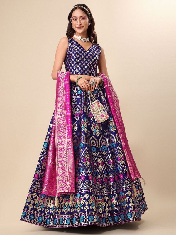 Women Blue Floral Print Lehenga