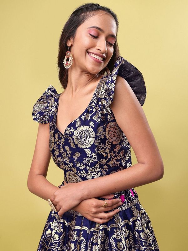 Women Blue Jacquard Lehenga