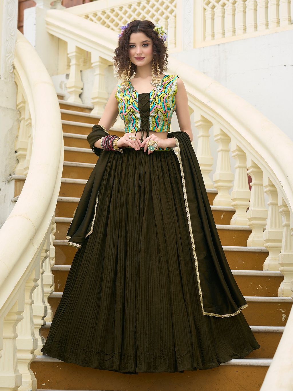 Women Olive Silk Crape Lehengas