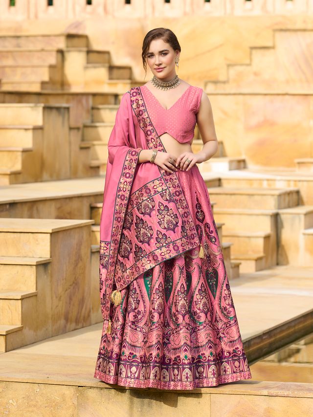 Women's Pink Jacquard Crape Lehengas