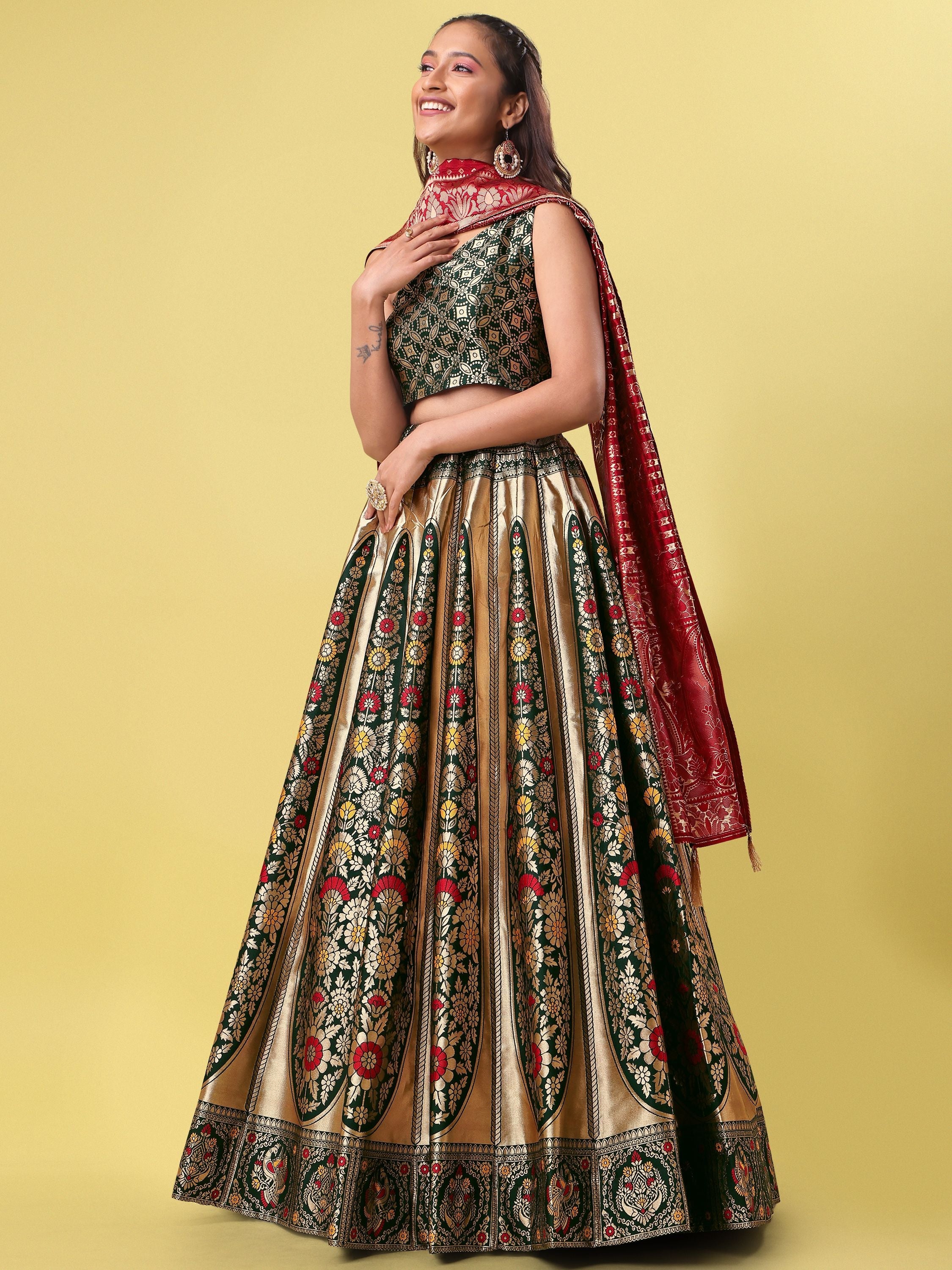Women Green Floral Print Lehenga