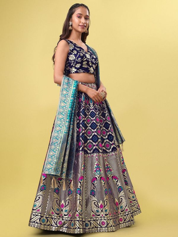 Women Blue Jacquard Lehenga