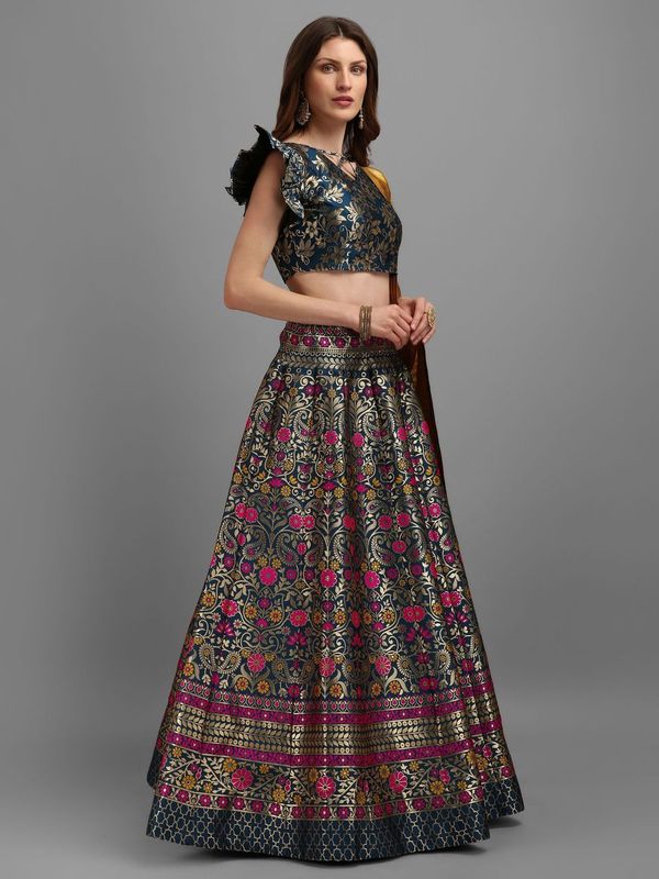 Women Light Blue Self Design Lehenga