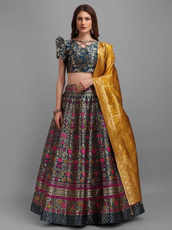 Women Light Blue Self Design Lehenga