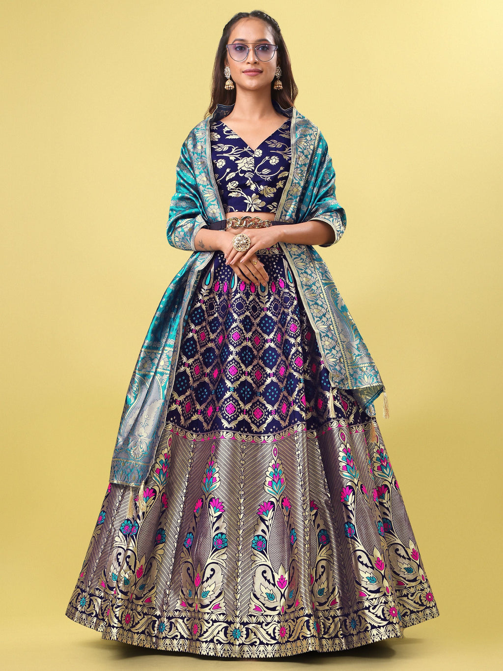 Women Blue Jacquard Lehenga