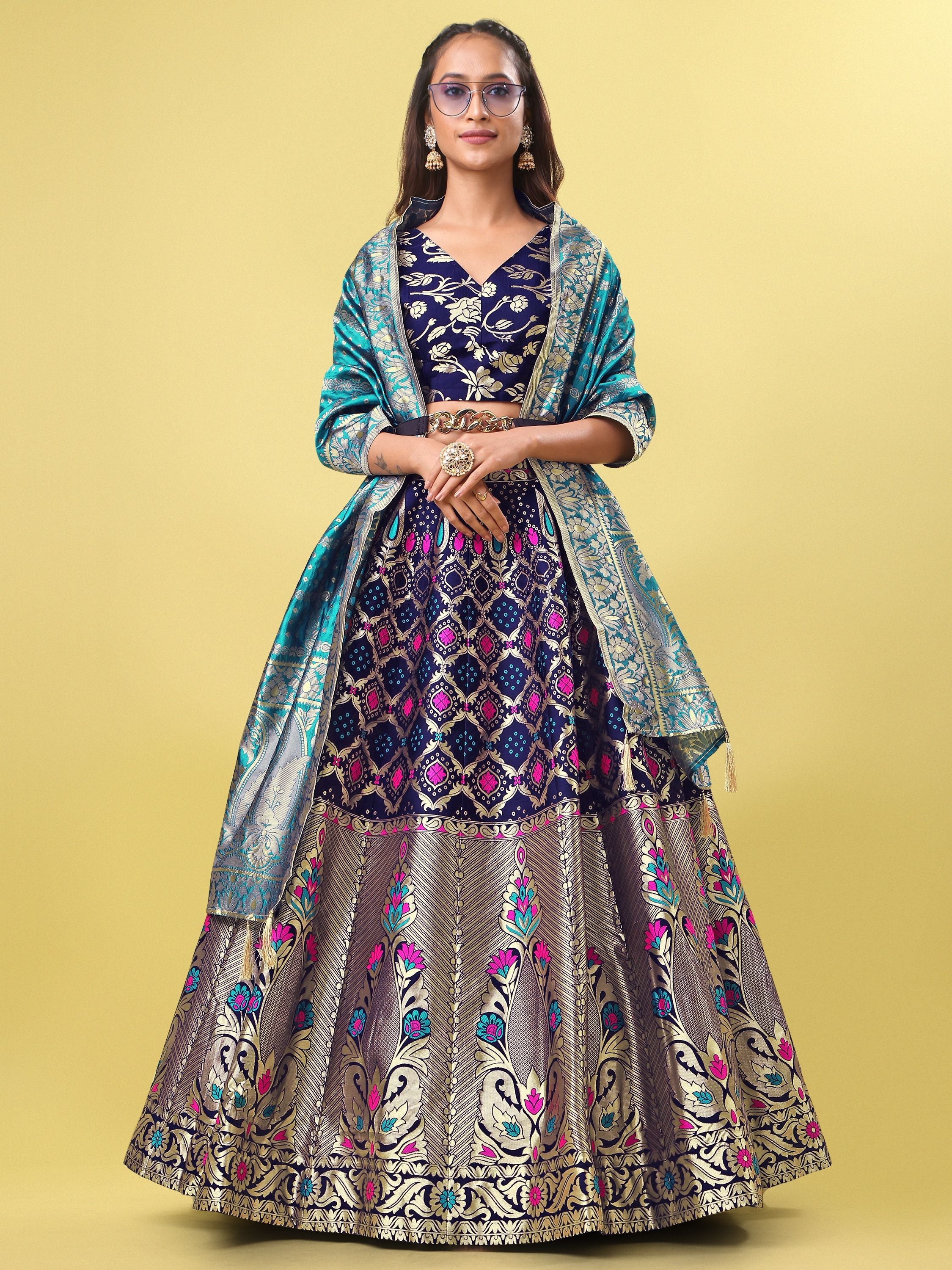Women Blue Jacquard Lehenga
