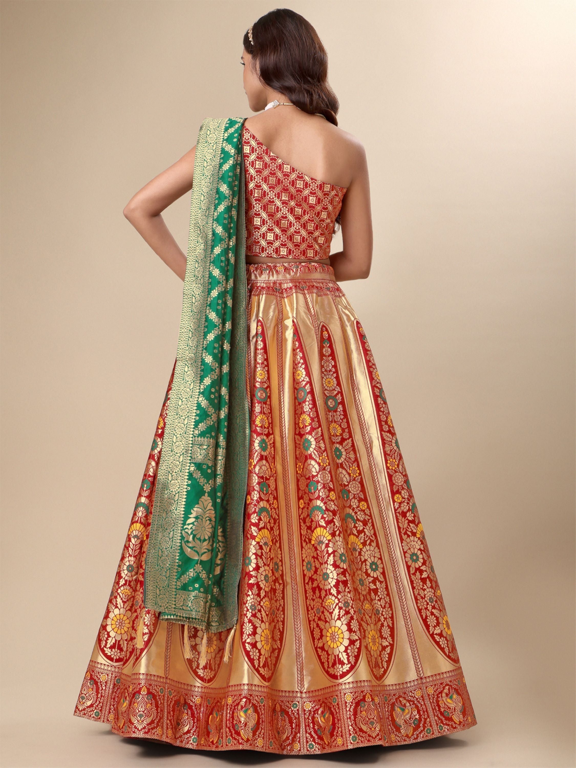Women Red Floral Print Lehenga