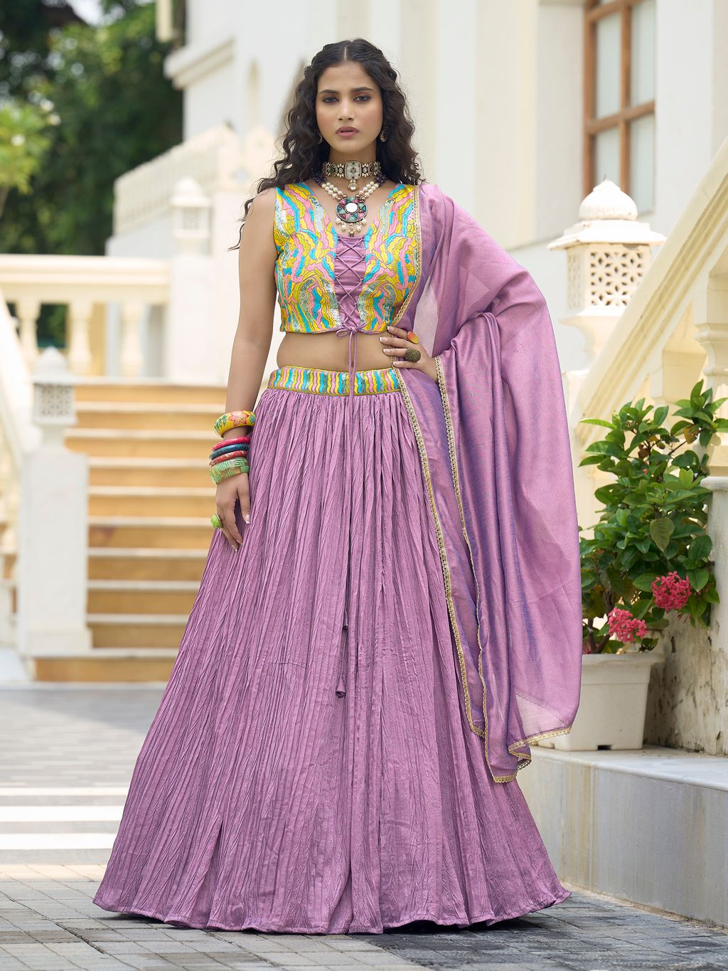 Women Purple Silk Crape Lehengas