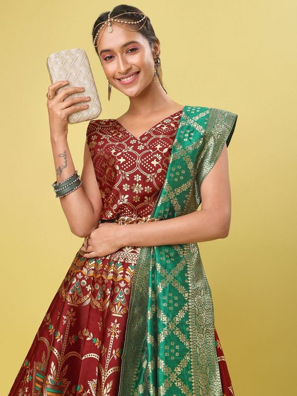 Women Maroon Floral Print Lehenga