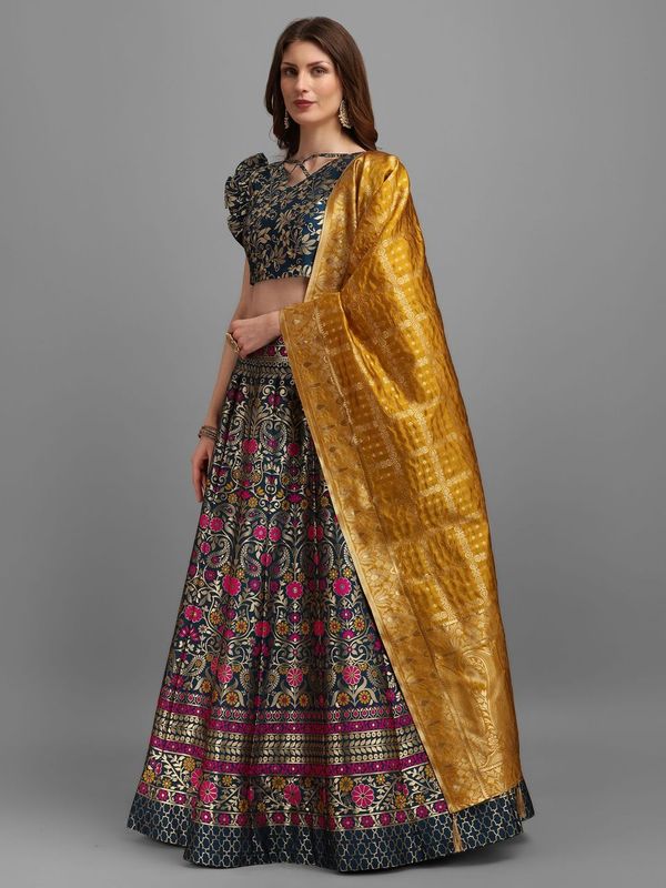 Women Light Blue Self Design Lehenga