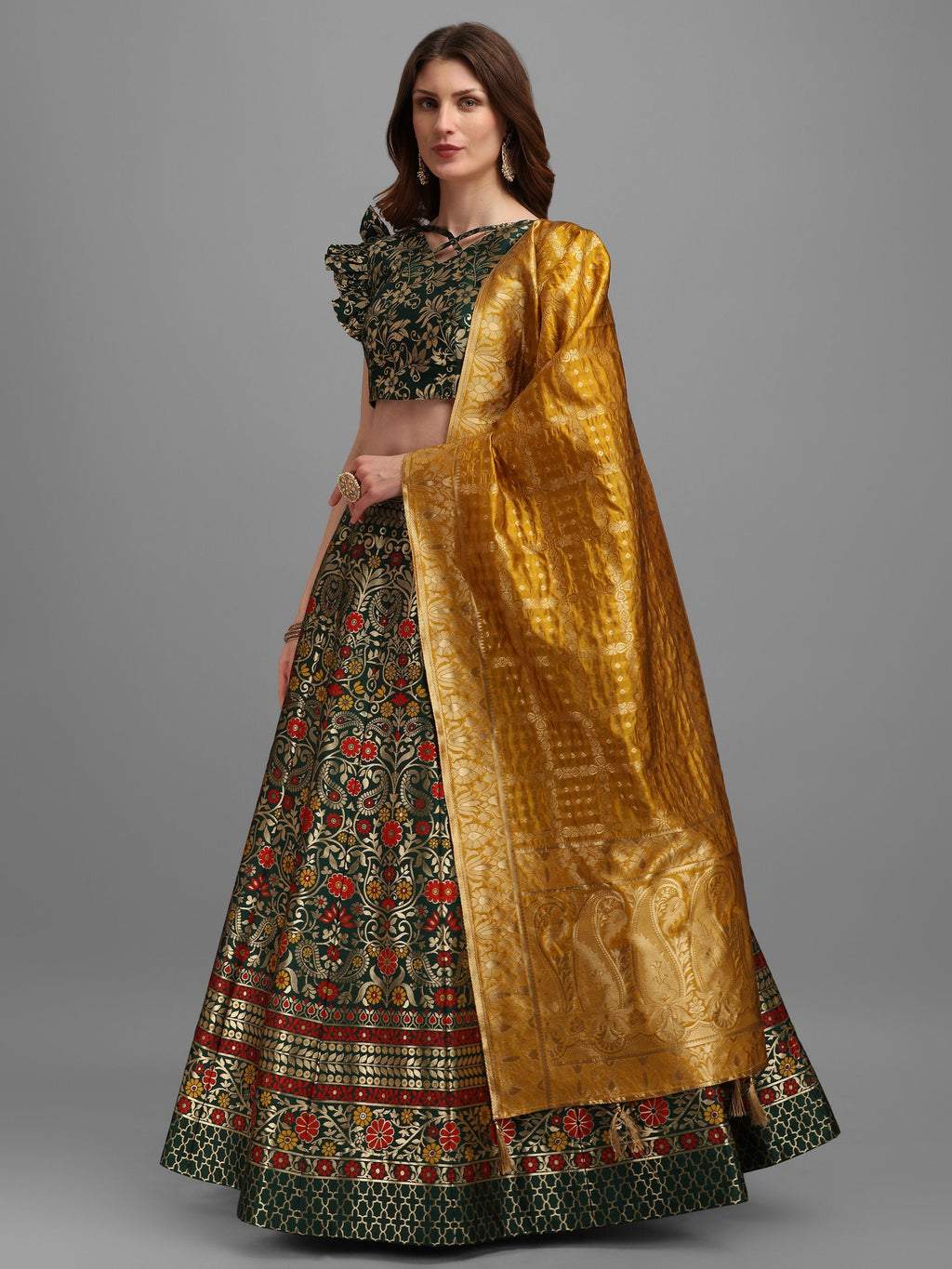 Women Green Self Design Lehenga