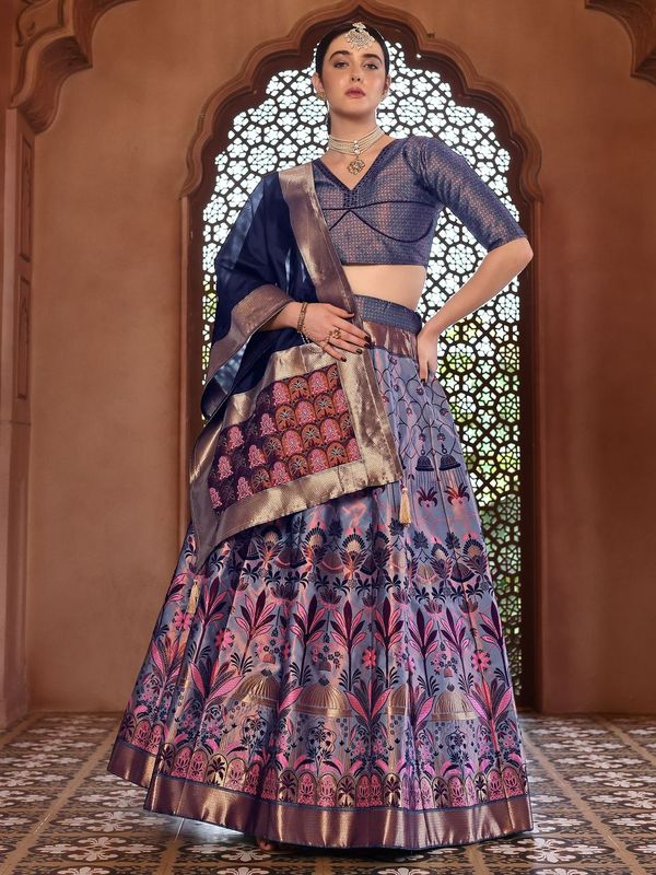 Woven With Zari Timeless Motifs Navy Blue Lehenga Choli