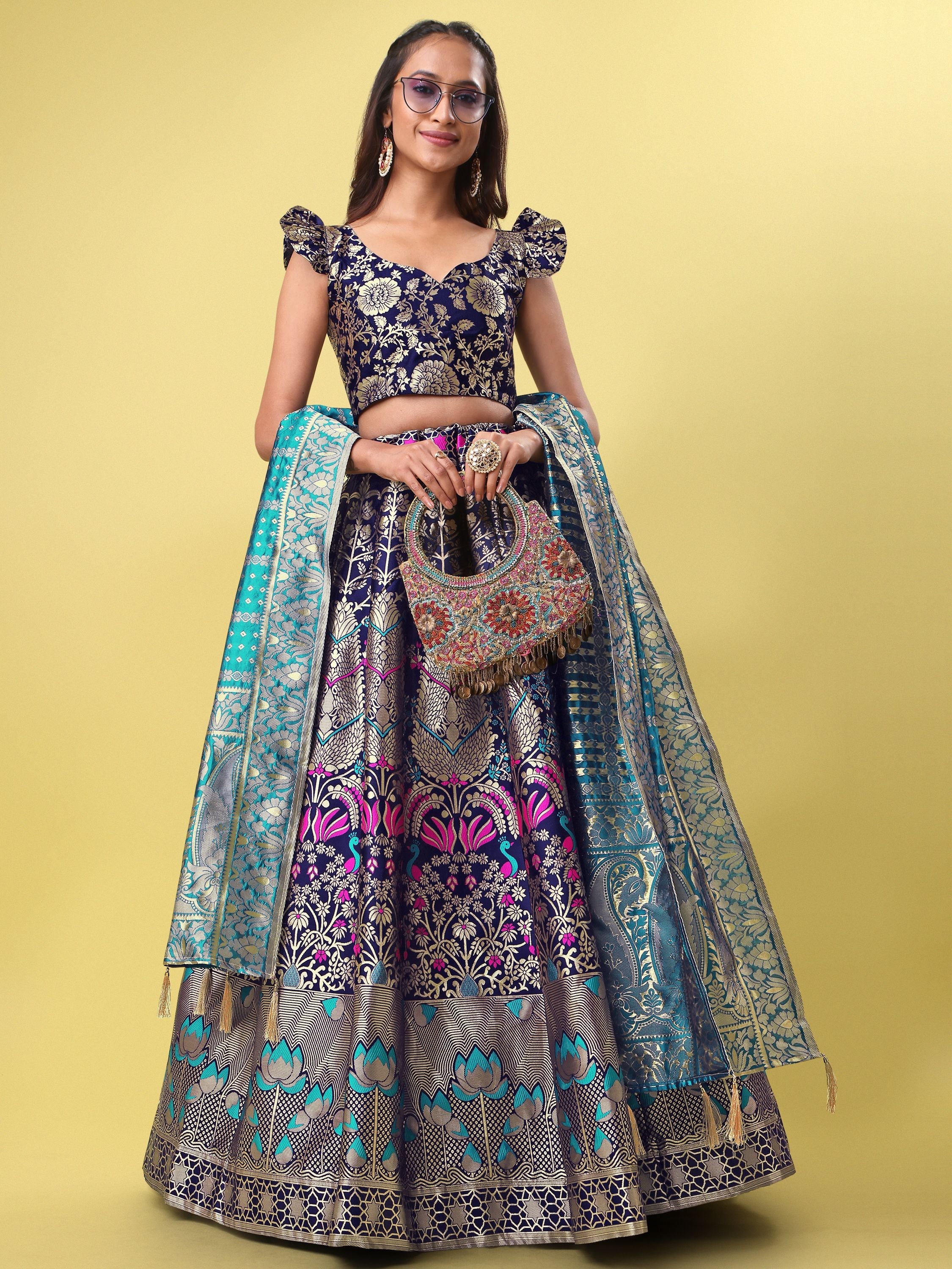 Women Blue Jacquard Lehenga