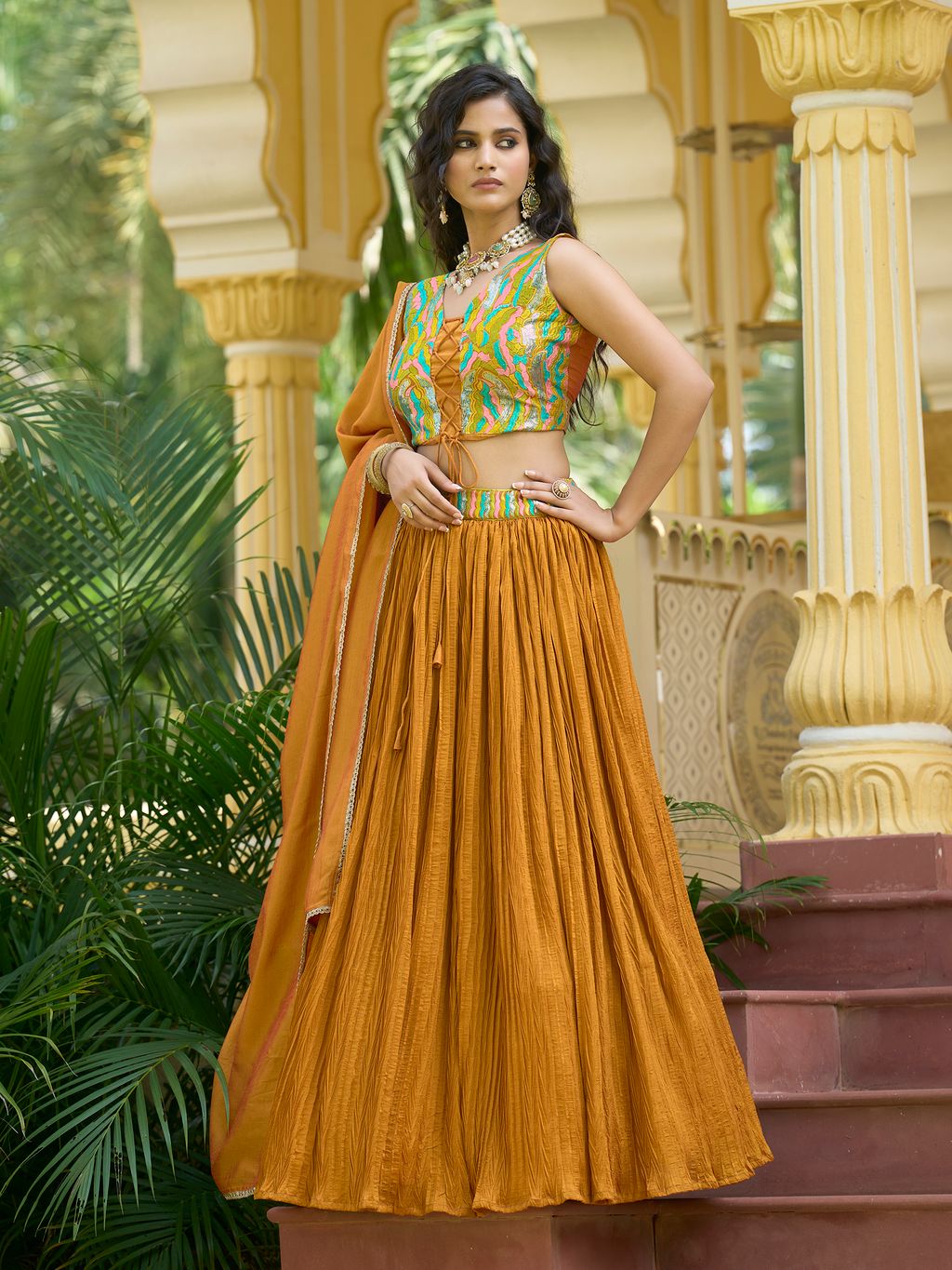 Women Yellow Silk Crape Lehengas