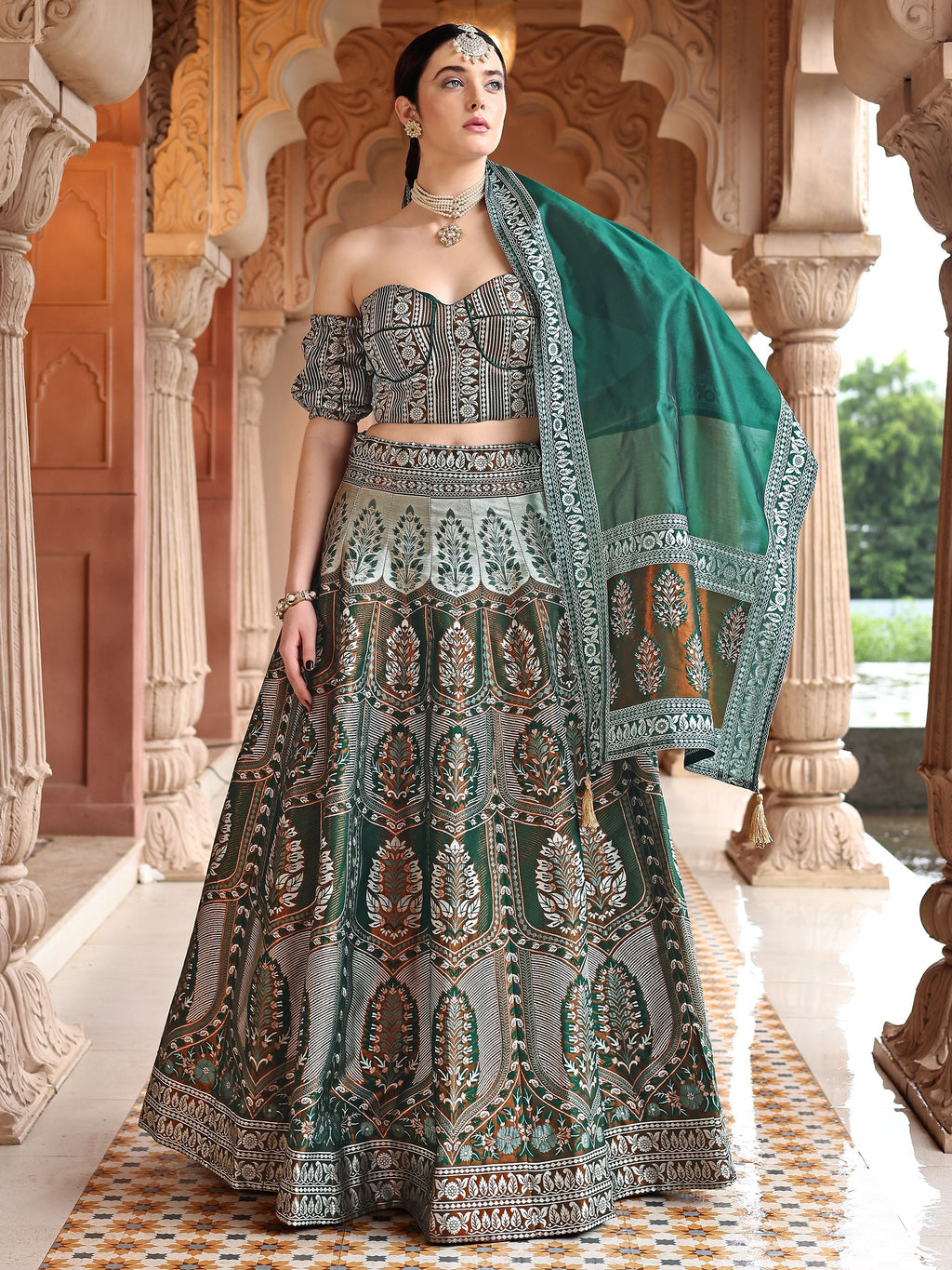 Kanjiwaram With Zari Dark Green Lehenga Choli
