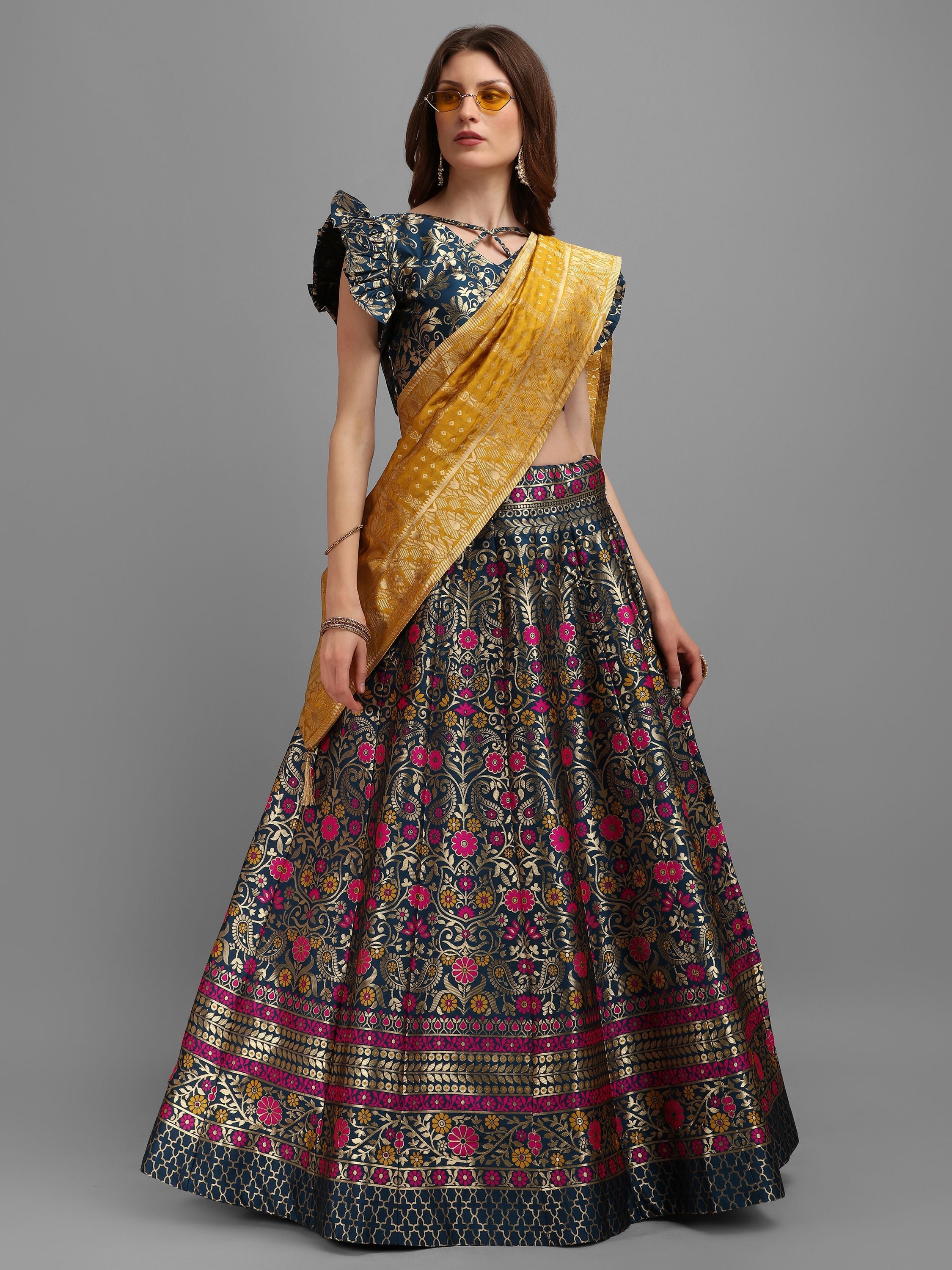 Women Light Blue Self Design Lehenga