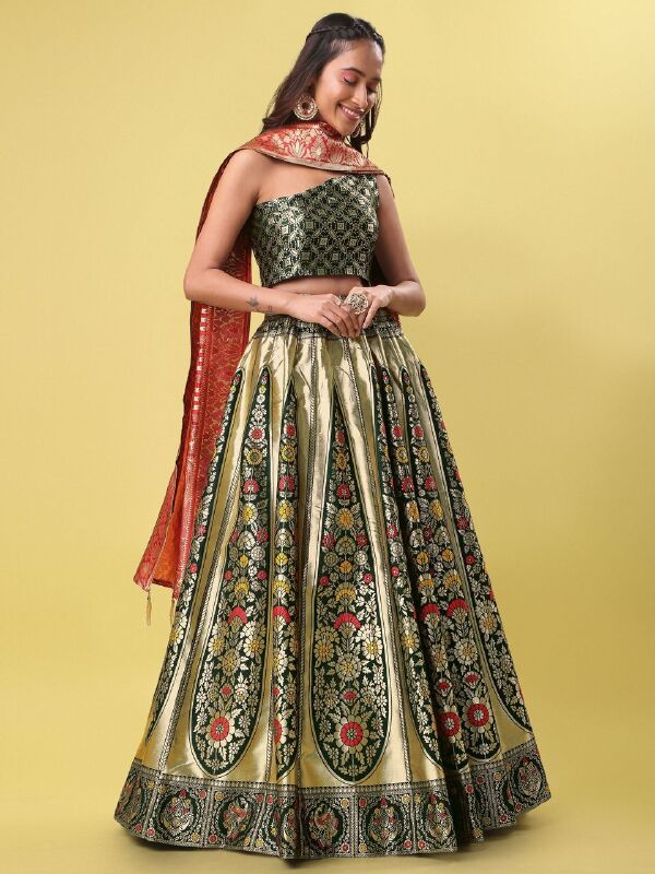 Women Green Floral Print Lehenga
