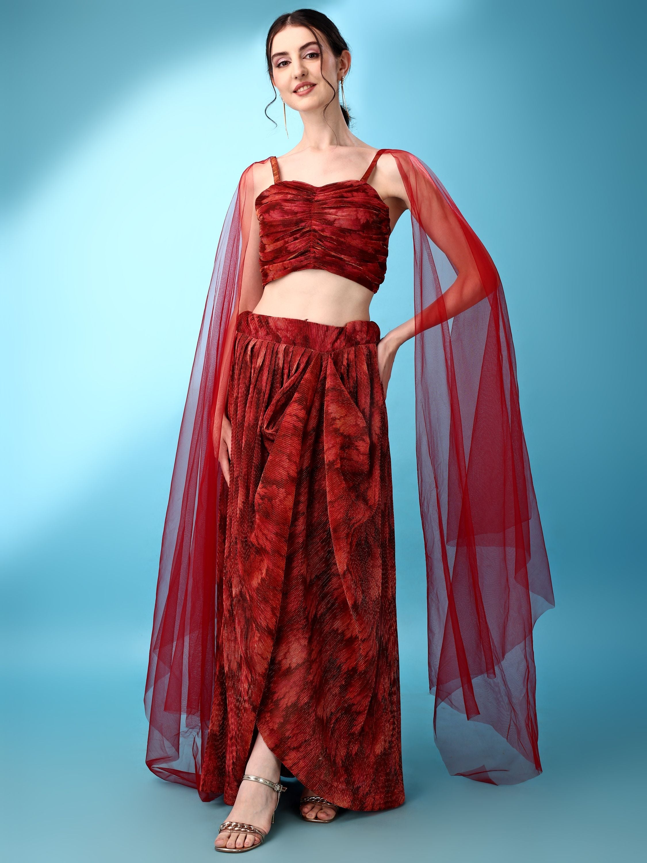 Dhoti-Style Paired Red lehenga Choli With Net Dupatta