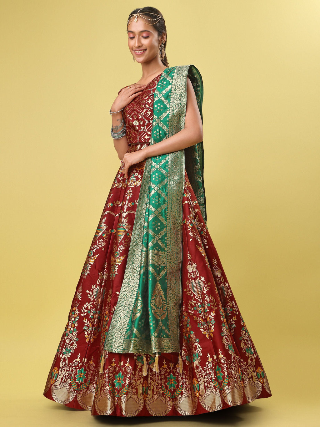 Women Maroon Floral Print Lehenga