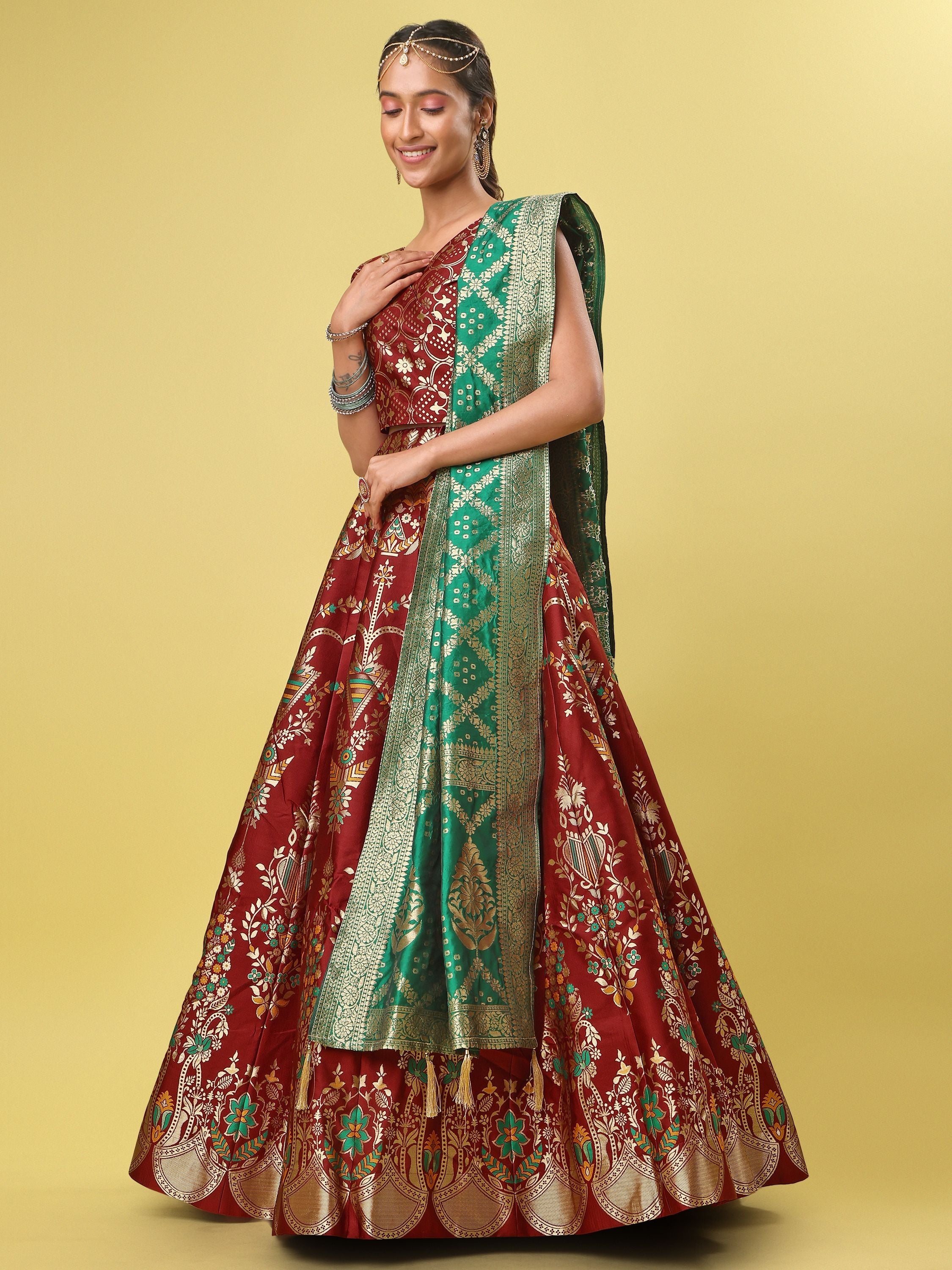 Women Maroon Floral Print Lehenga