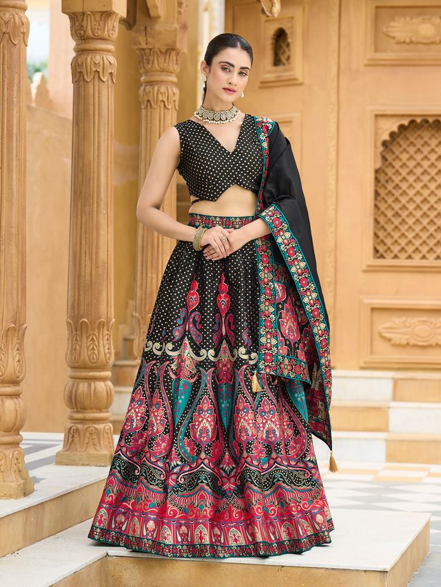 Women's Black Jacquard Crape Lehengas
